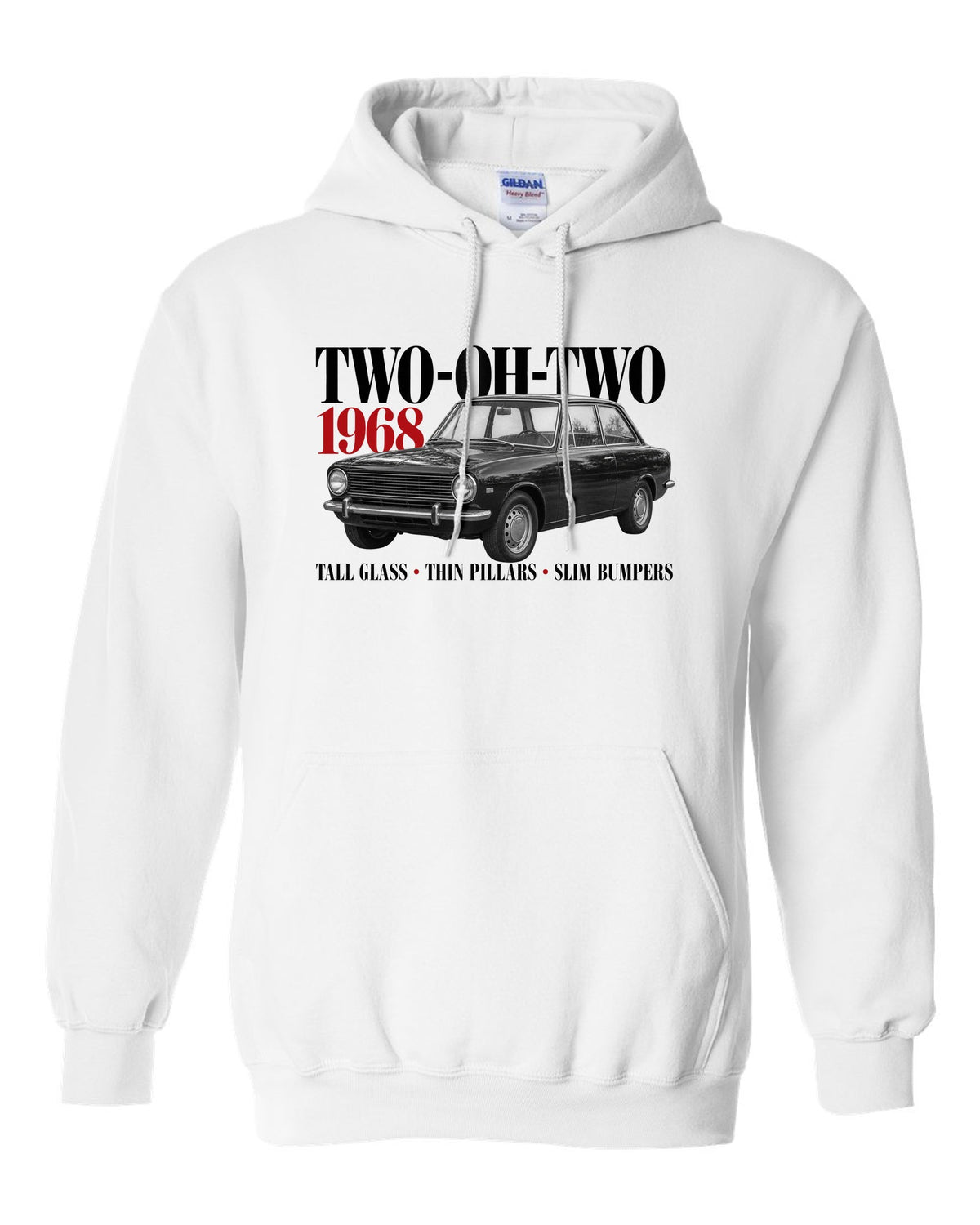 BMW 2002 editorial print with Two-Oh-Two 1968 headline and design details white pull over hoodie front view with the design