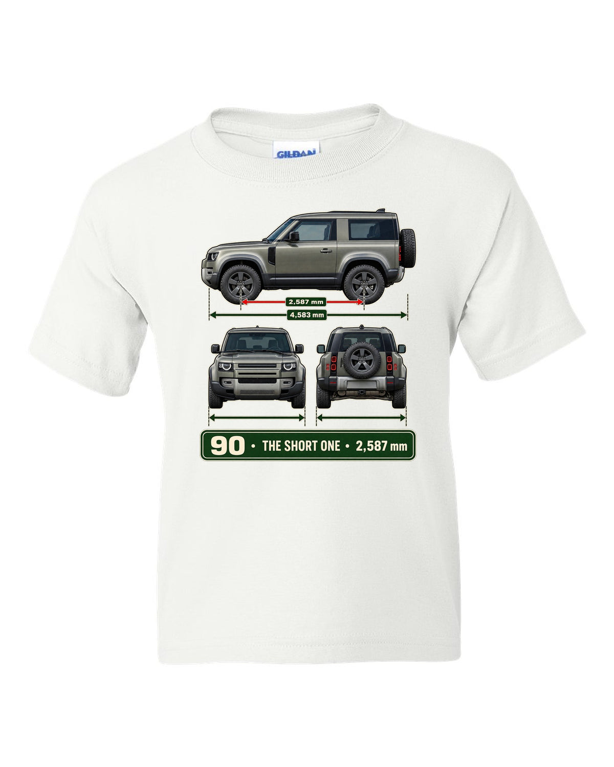 Three-view drawing with spec table print of the Land Rover Defender 90 L663 white kids tee front view with the design