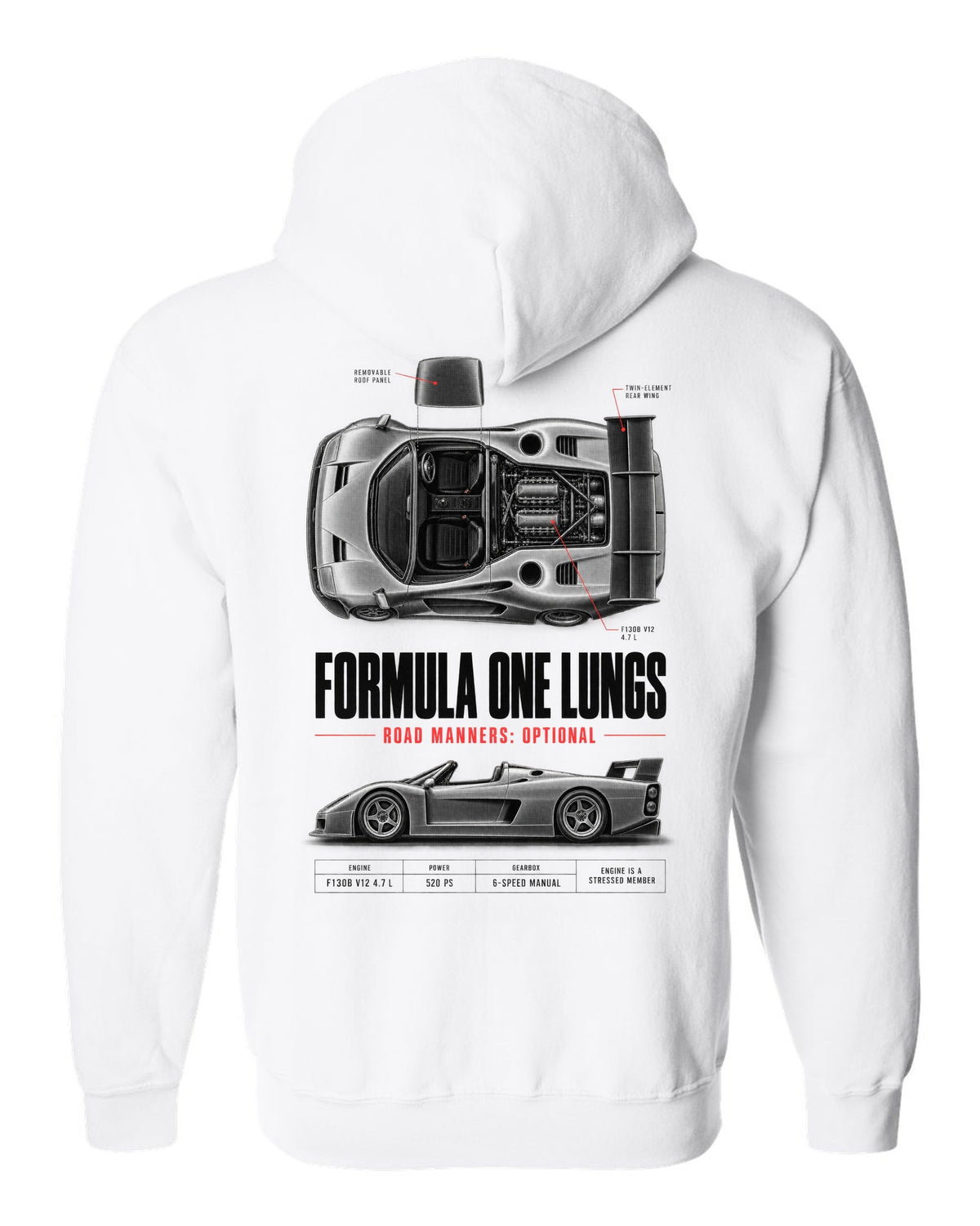 Ferrari F50 1995 top-down and profile spec poster print, F130B V12 4.7 L white zip hoodie back view with the design