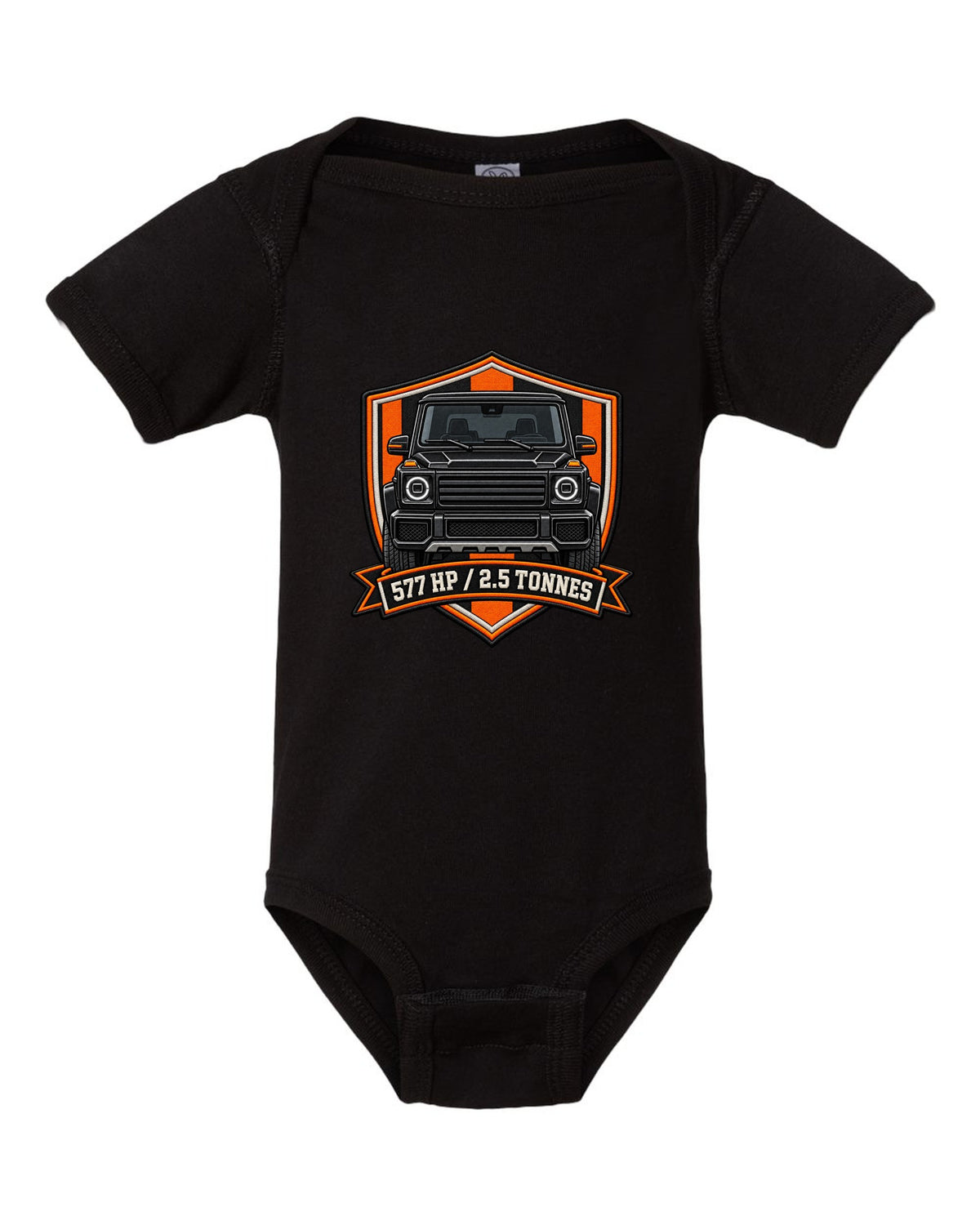 Ukiyo-e woodblock wave graphic with a boxy Mercedes G-Class W463, print black baby onesie front view with the design