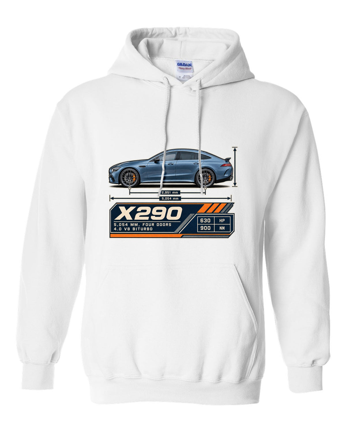 Mercedes-AMG GT 63 S 4-Door X290 steel blue blueprint print white pull over hoodie front view with the design