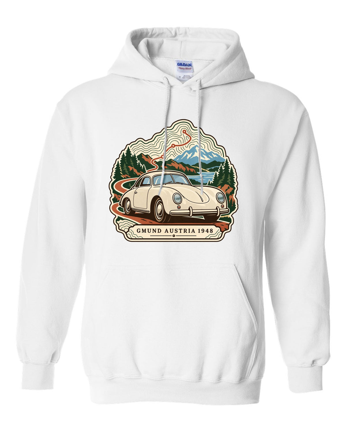 Topographic contour map design marking Gmund Austria 1948 for the Porsche 356 white pull over hoodie front view with the design