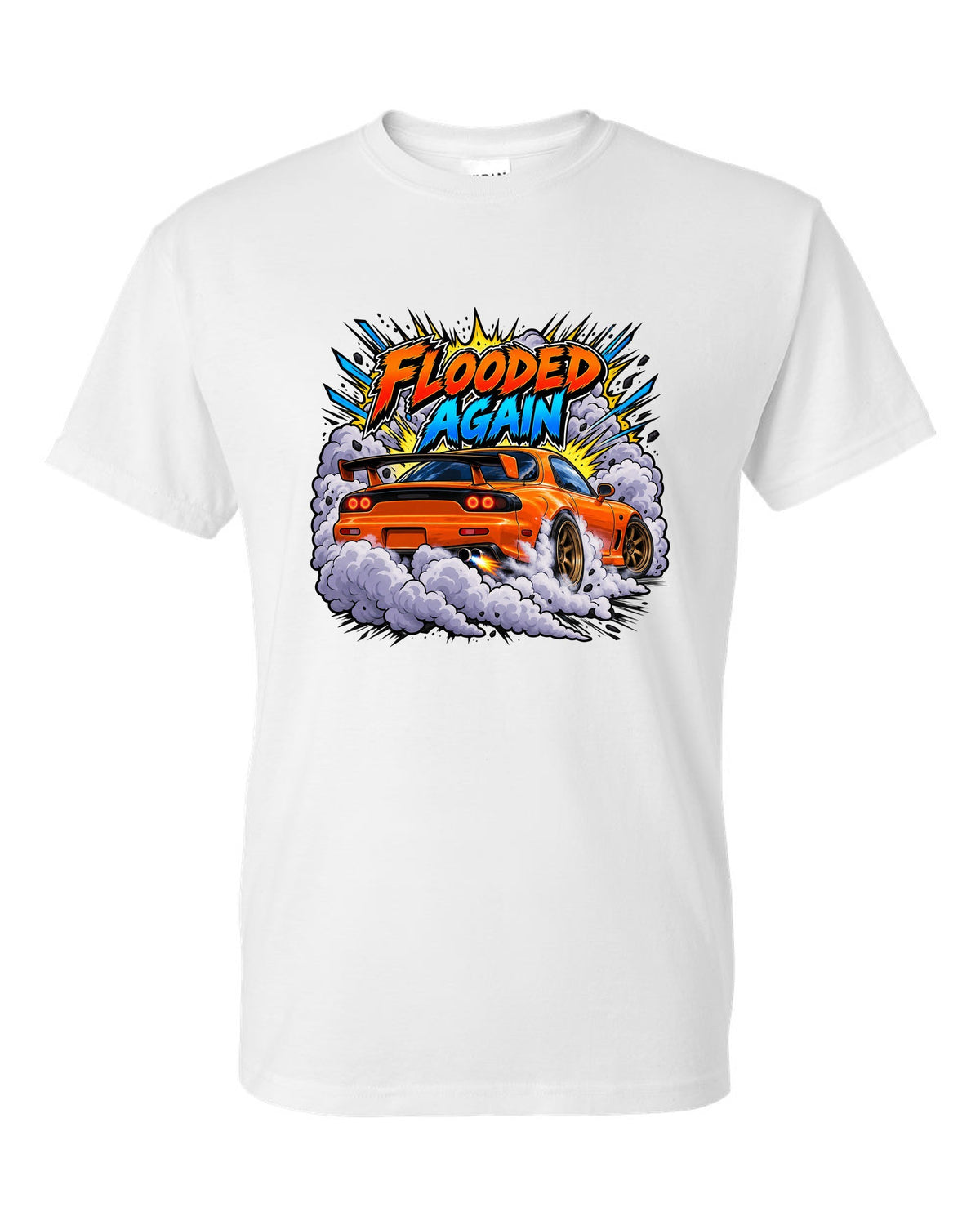 Comic-style Mazda RX-7 FD3S burnout with speed lines and smoke white t-shirt front view with the design