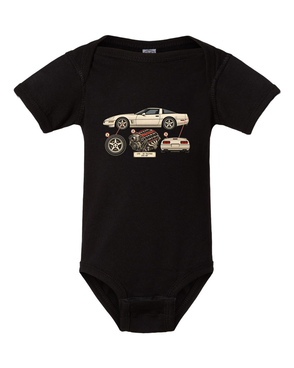 Neon HUD wireframe print of a 1997 Chevrolet Corvette C5 coupe with LT5 32 valves 375 HP lettering black baby onesie front view with the design