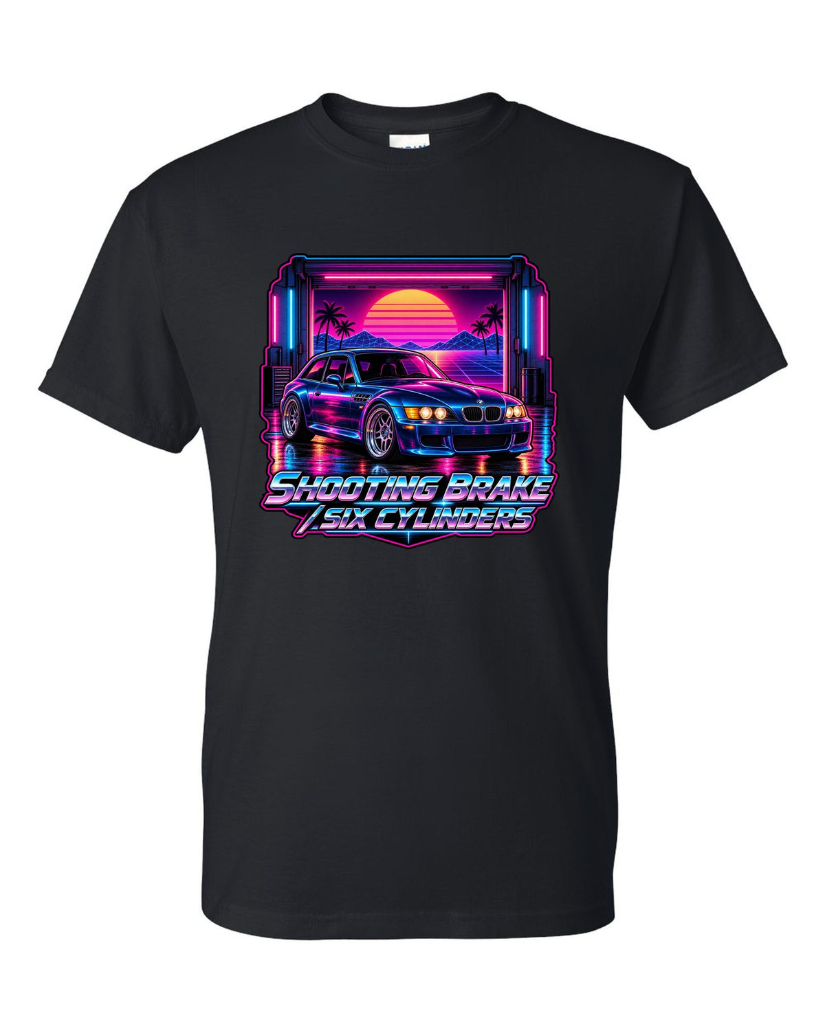 BMW Z3 M Coupe synthwave outrun print with shooting brake text black t-shirt front view with the design