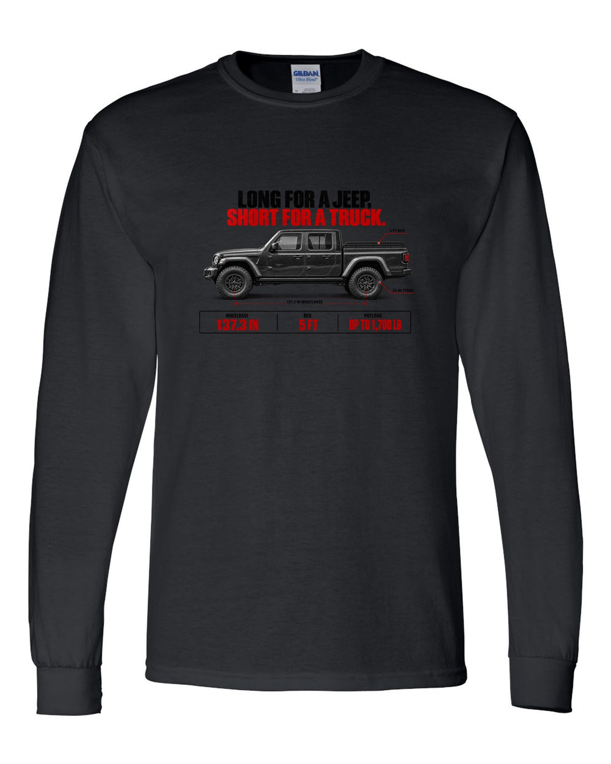 Jeep Gladiator JT spec poster print with wheelbase and payload figures black long sleeve front view with the design