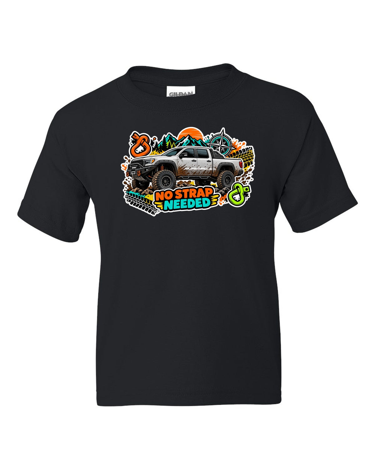 Sticker bomb collage print of a Ram Power Wagon 2500 4x4 with No Strap Needed text black kids tee front view with the design