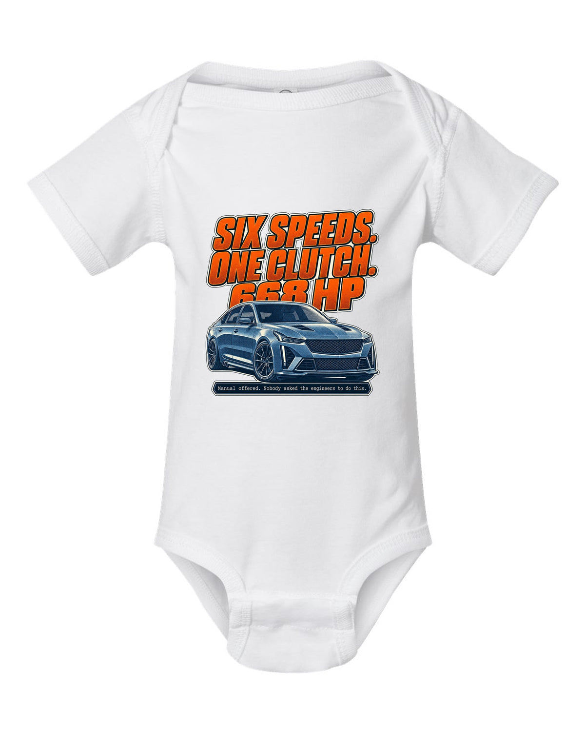 Halftone print of a Cadillac CT5-V Blackwing with six-speed manual text white baby onesie front view with the design