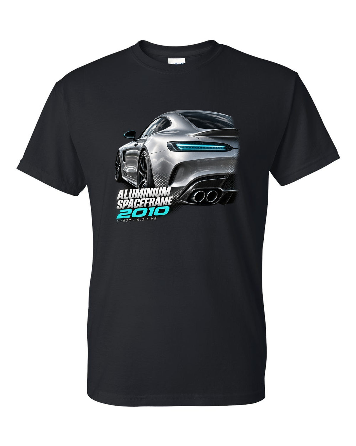 Taillight macro print of a Mercedes SLS AMG C197 with Aluminium Spaceframe 2010 lettering black t-shirt front view with the design