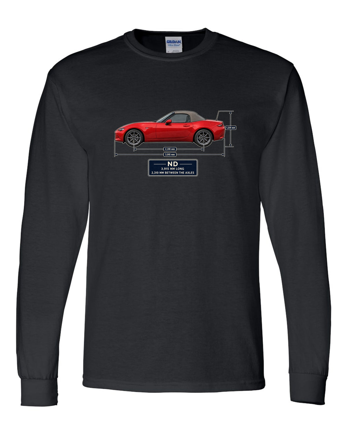 Blueprint-style dimension drawing of a 2016 Mazda MX-5 ND1 soft top in Soul Red black long sleeve front view with the design