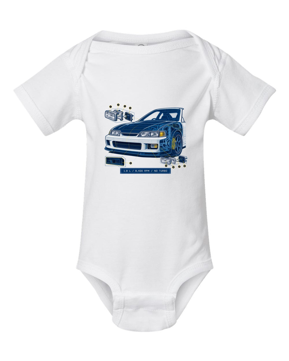 Technical blueprint design of the Honda Integra Type R DC2 with B18C specs white baby onesie front view with the design