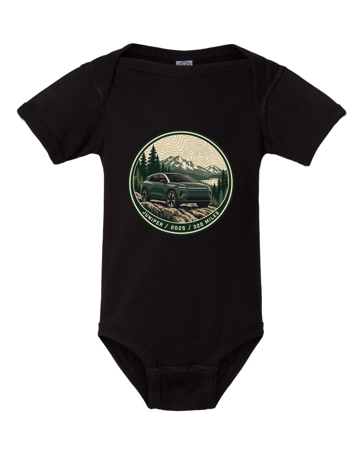 Topographic contour map trail badge print for a Tesla Model Y Juniper reading Juniper 2025 320 Miles black baby onesie front view with the design