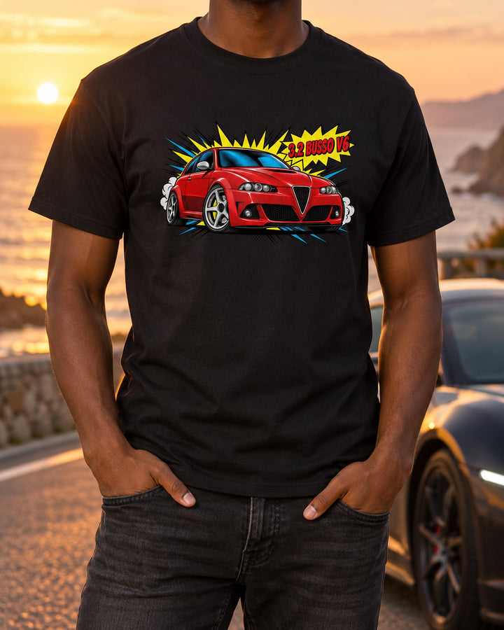 Alfa Romeo 147 GTA Comic Halftone Pop Art Tee, 3.2 Busso V6 T-Shirt Black worn hero