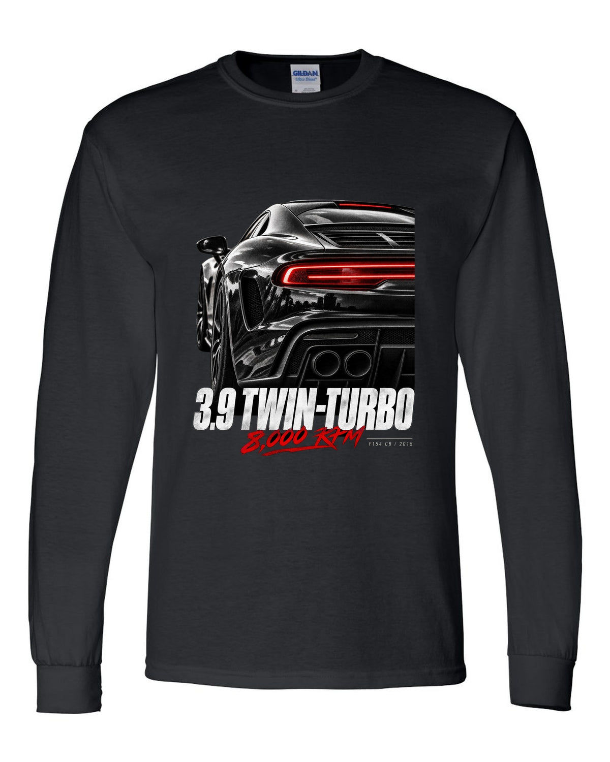 Macro print of a Ferrari 488 GTB rear with 3.9 twin-turbo and 8,000 rpm text black long sleeve front view with the design