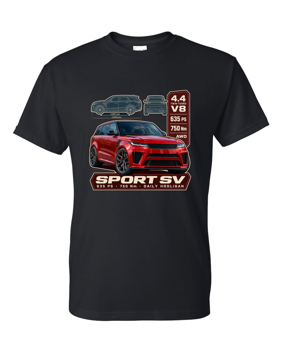 Spec poster print of the Range Rover Sport SV L461 with power and torque black t-shirt front view with the design
