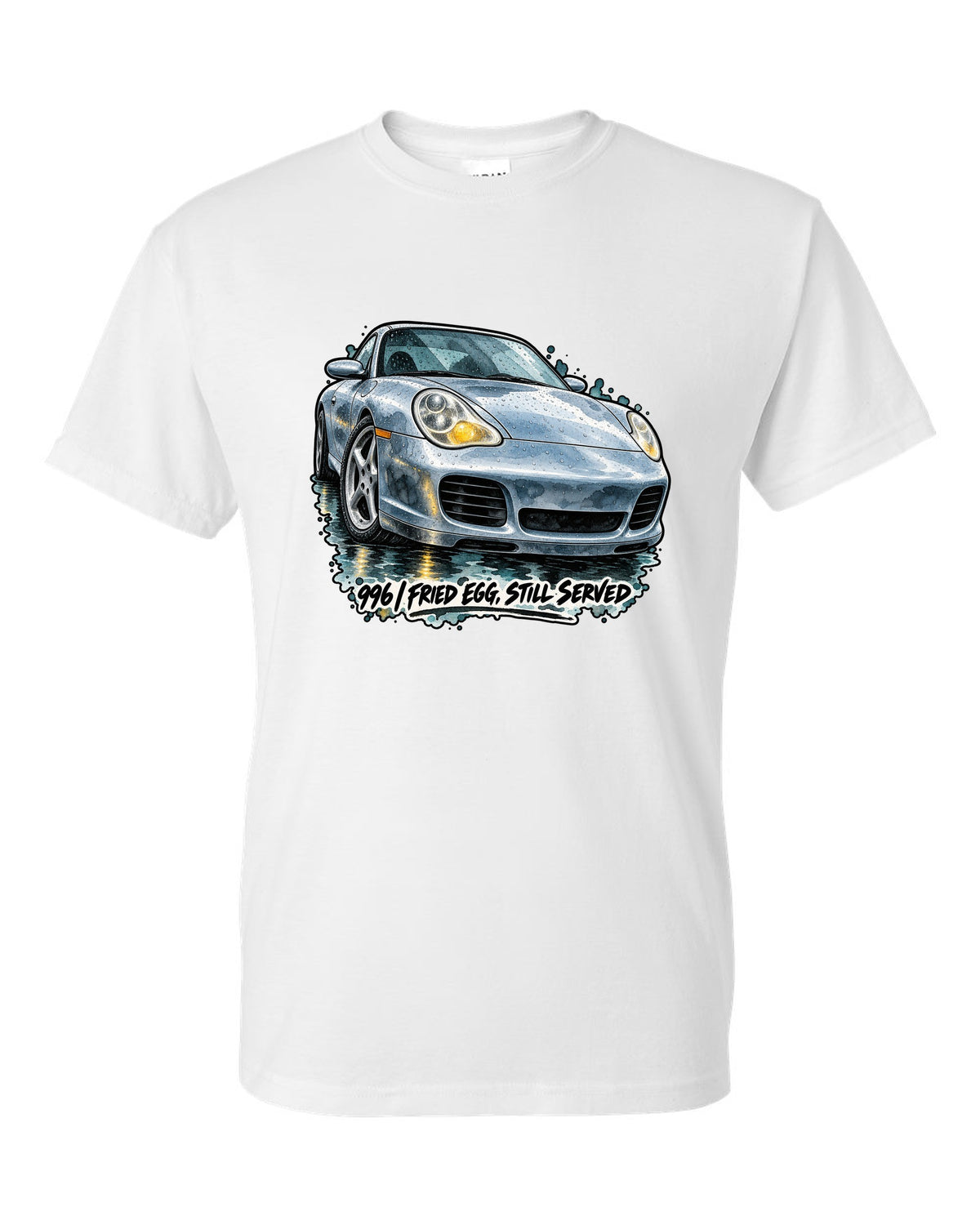 Watercolour ink wash of a Porsche 911 996 on a wet road white t-shirt front view with the design