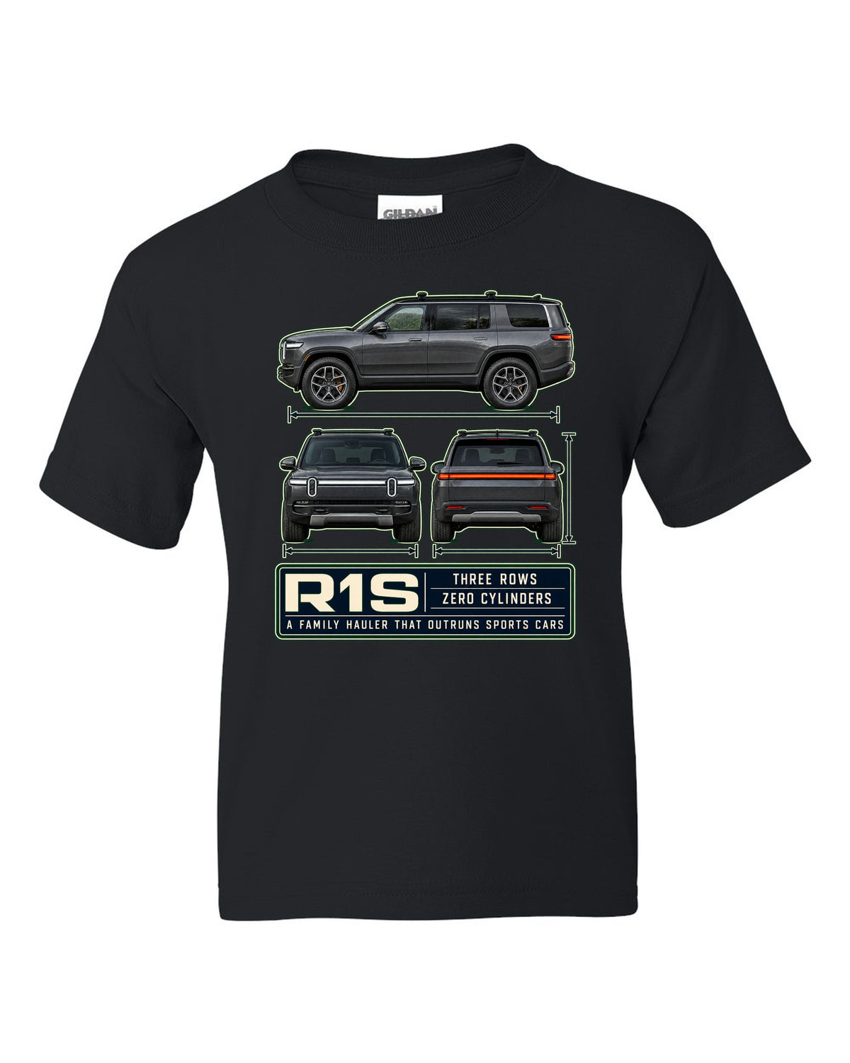 Three-view drawing with spec table print of the Rivian R1S seven-seat electric SUV black kids tee front view with the design