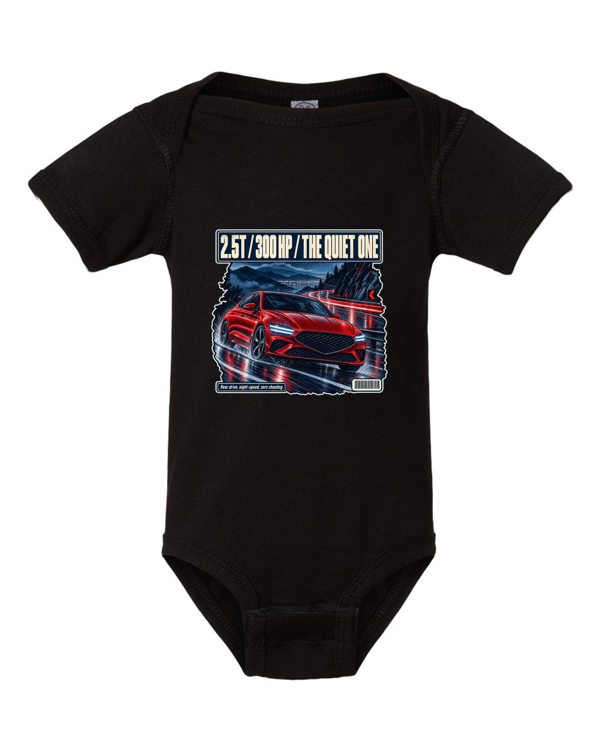 Night touge print of the Genesis G70 with 2.5T 300 HP lettering black baby onesie front view with the design