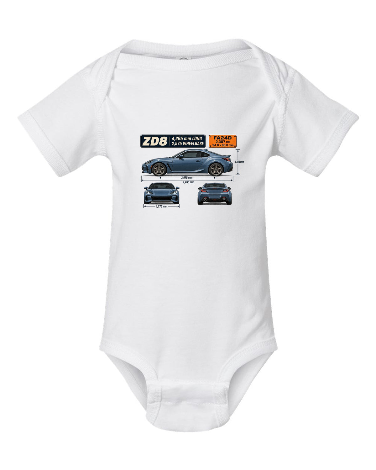 Blueprint-style dimension drawing of a Subaru BRZ ZD8 with length and wheelbase callouts white baby onesie front view with the design