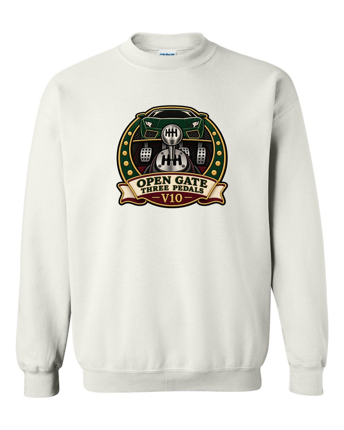 Embroidery-style crest of a 2004 Lamborghini Gallardo gated six-speed with open gate text white crewneck front view with the design