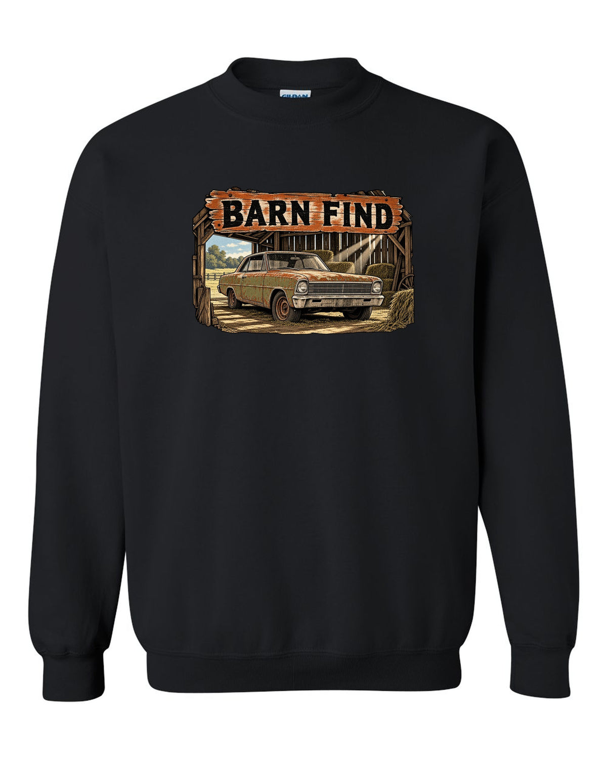 Retro manga halftone print of a 1966 Chevrolet Nova Chevy II with the text Barn Find black crewneck front view with the design