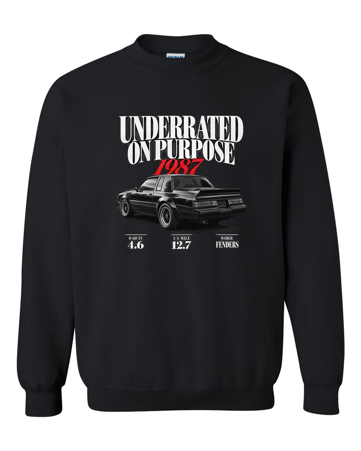 1987 Buick GNX editorial headline print with performance figures black crewneck front view with the design