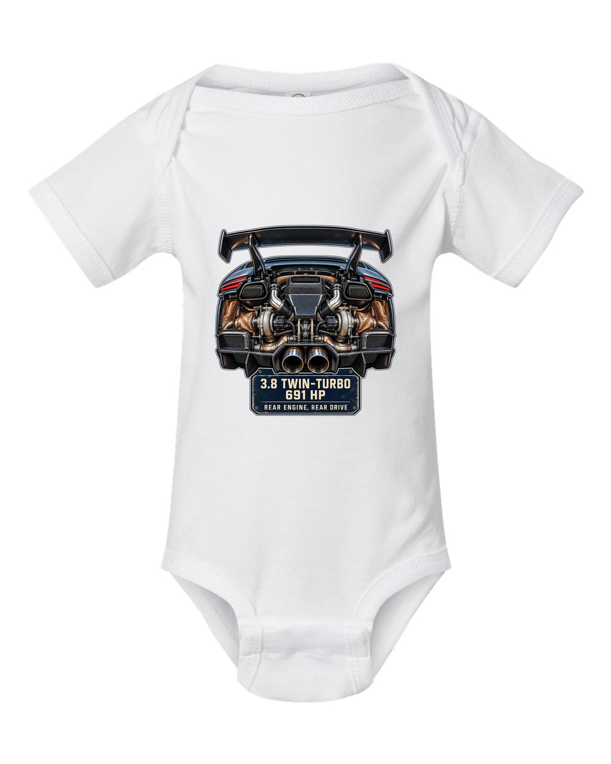 Engine hero print of a Porsche 911 GT2 RS 991.2 twin-turbo flat-six white baby onesie front view with the design
