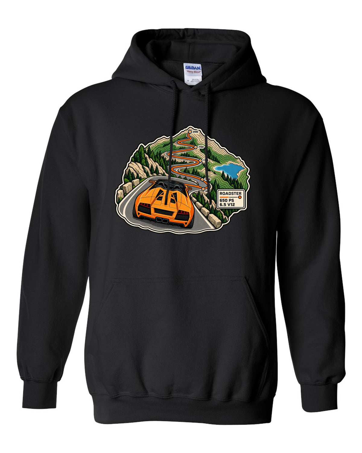 Topographic route map of a 2010 Lamborghini Murcielago LP650-4 Roadster with 650 PS and 6.5 V12 black pull over hoodie front view with the design