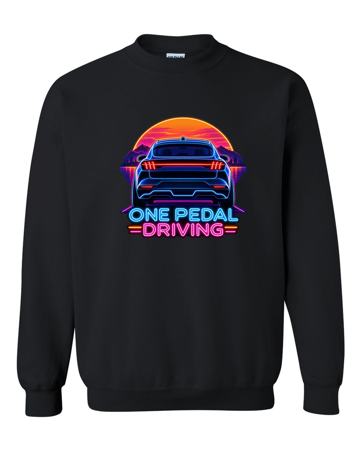 Neon sign print of the 2020 Mustang Mach-E CX727 tail bar reading One Pedal Driving black crewneck front view with the design