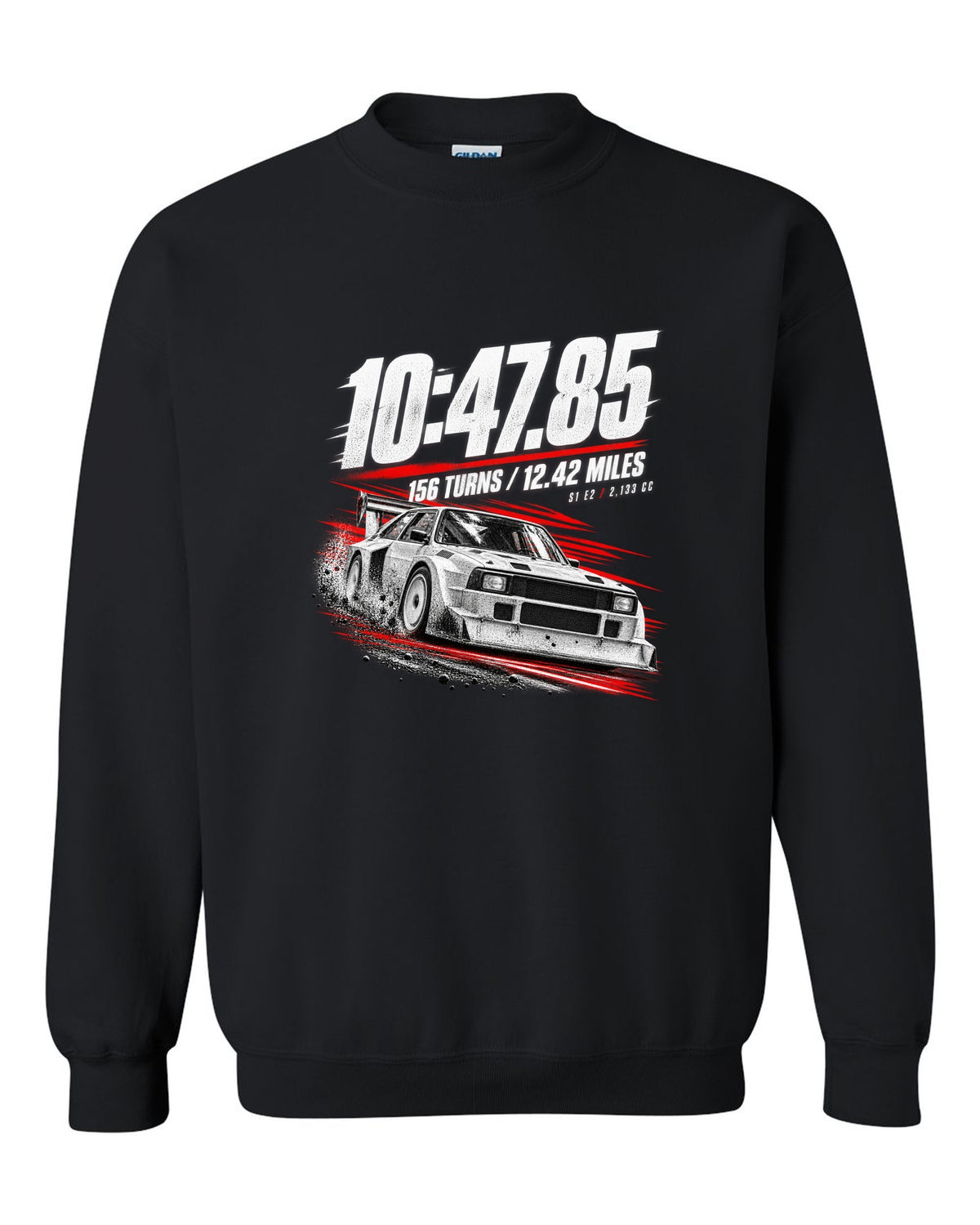 Race poster print of an Audi Sport Quattro S1 E2 with hill climb numbers black crewneck front view with the design