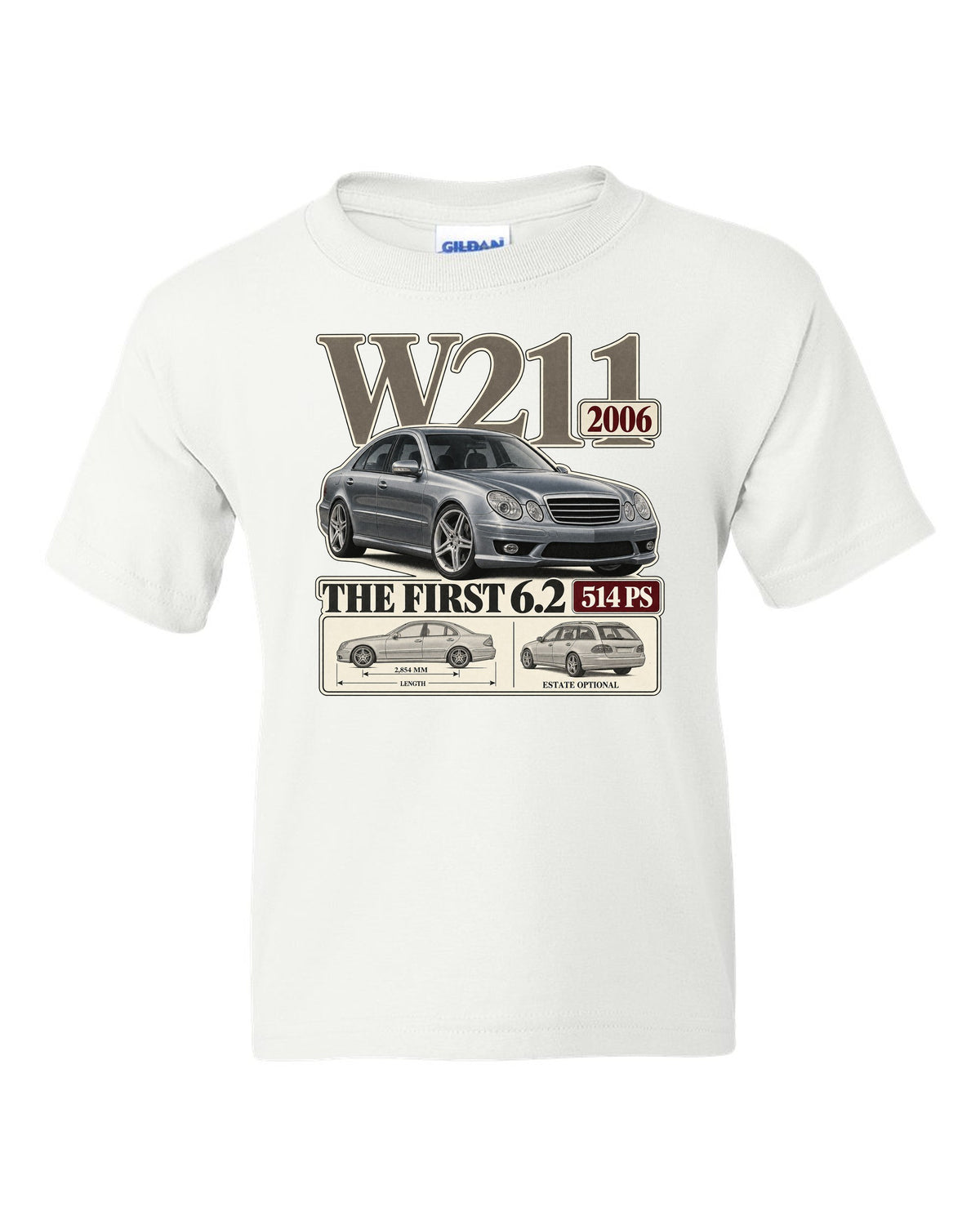 Archive panel print of a silver Mercedes-AMG E63 W211 sedan white kids tee front view with the design