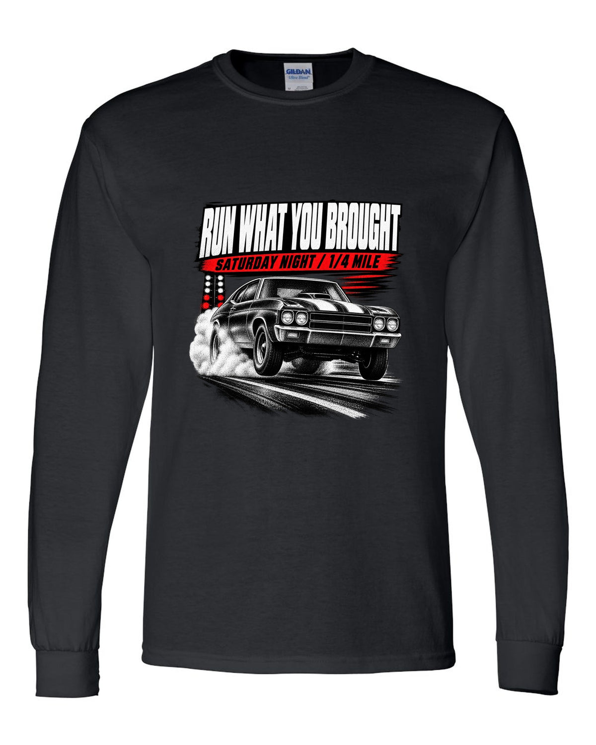 Race-poster print of a 1970 Chevrolet Chevelle SS with run w you brought and quarter mile text black long sleeve front view with the design
