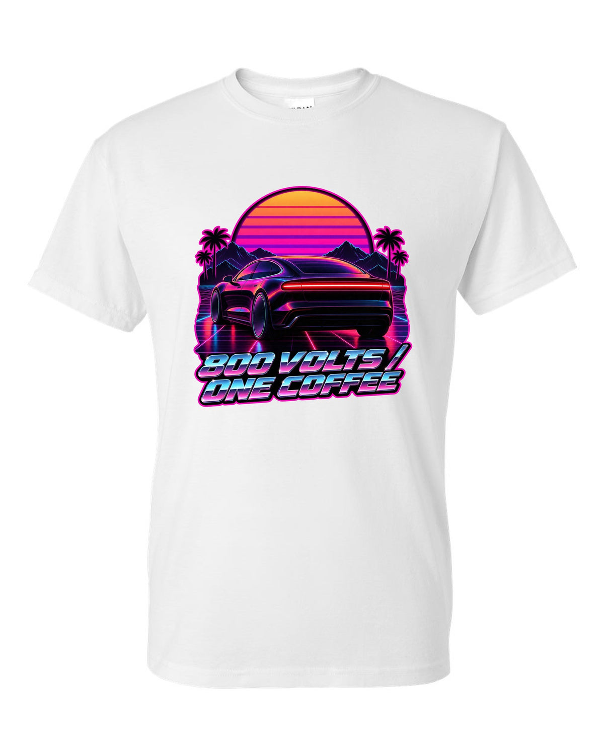 Porsche Taycan Turbo S 9J1 synthwave outrun light bar print with the text 800 volts one coffee white t-shirt front view with the design