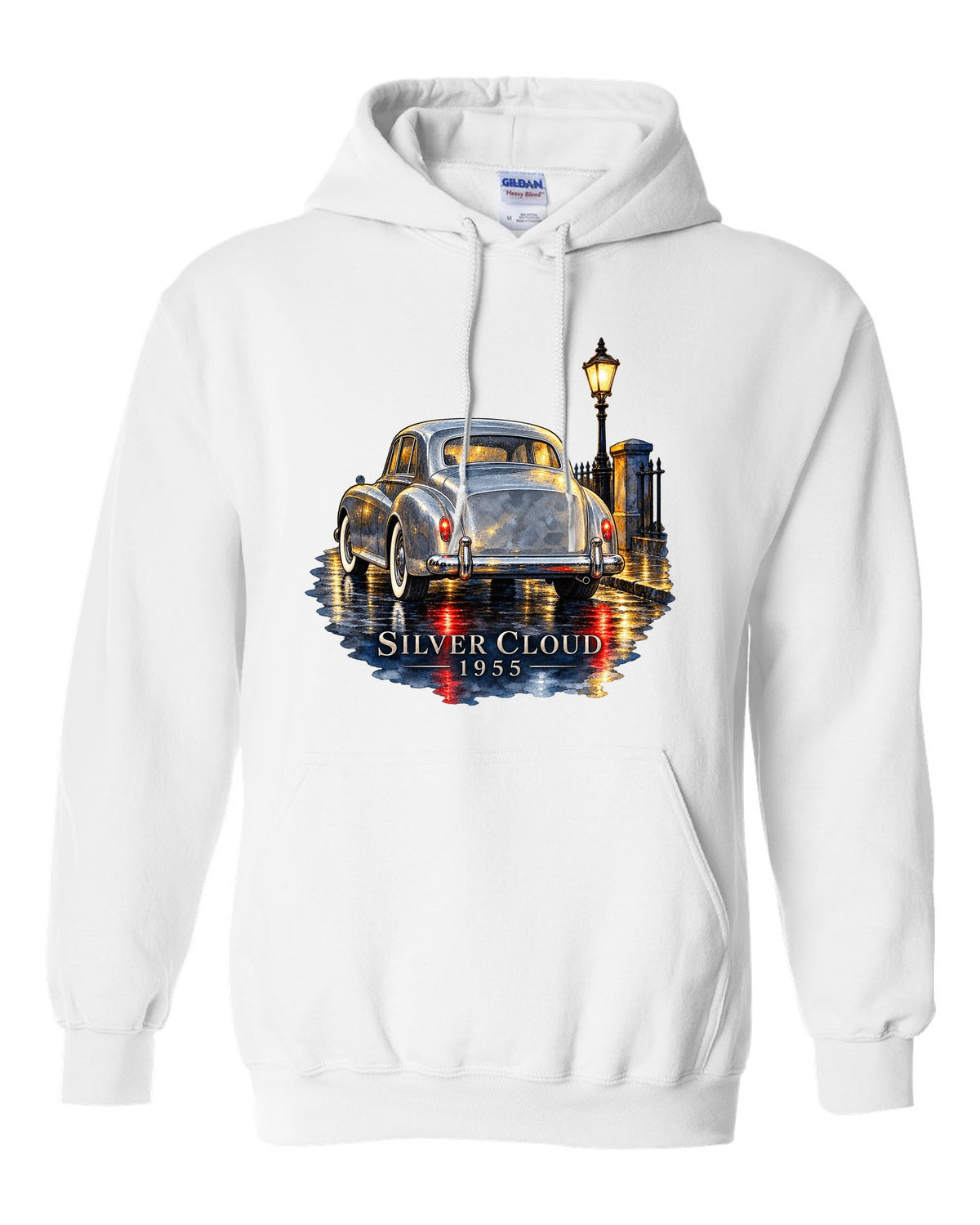 Watercolour painting of a 1955 Rolls-Royce Silver Cloud on a rainy night road with SILVER CLOUD lettering white pull over hoodie front view with the design