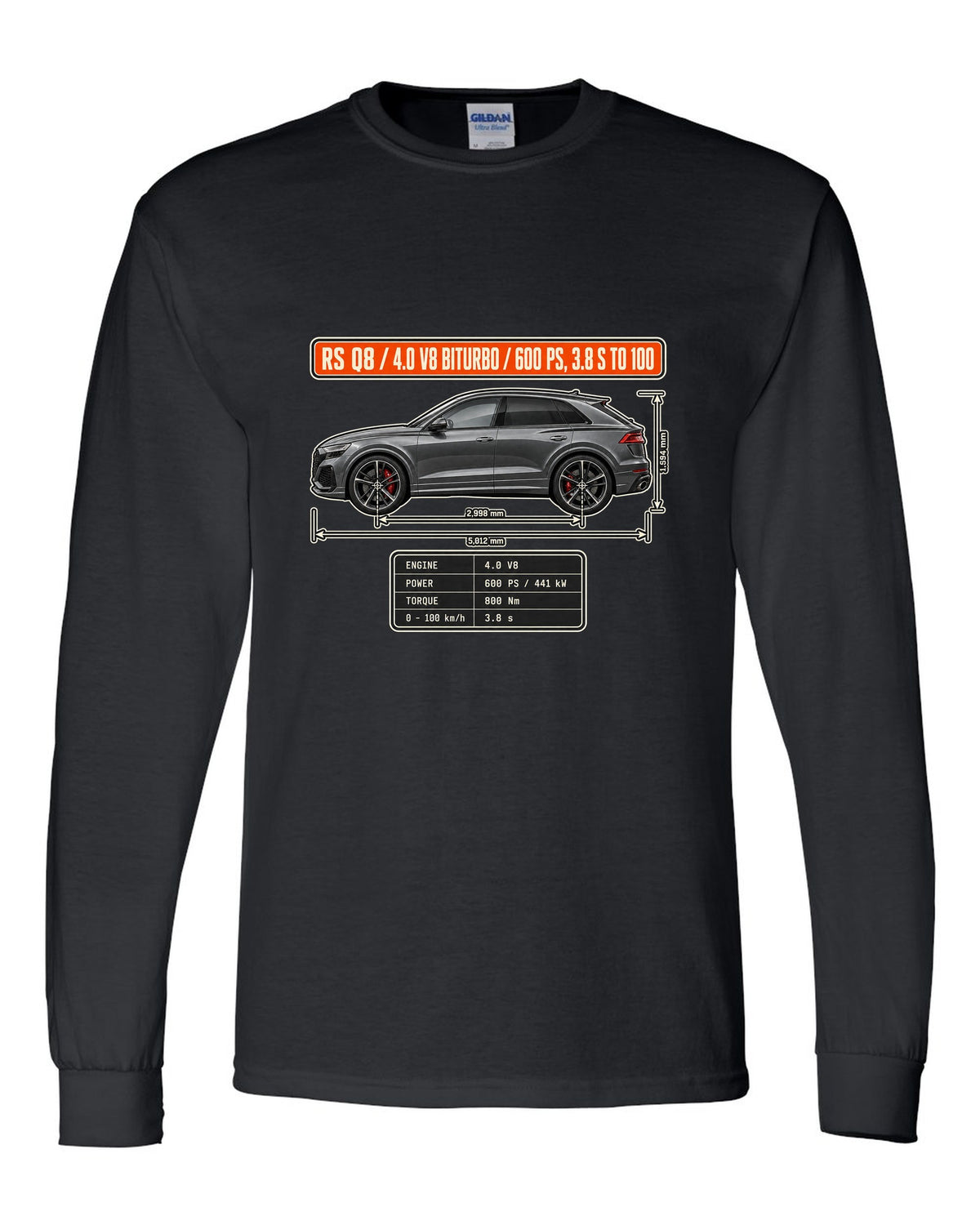 Audi RS Q8 dimension blueprint print with V8 biturbo specs black long sleeve front view with the design