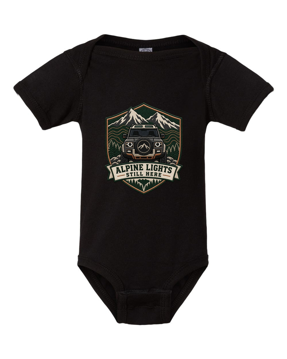 Original shield crest print for a Land Rover Defender L663 with Alpine Lights Still Here text black baby onesie front view with the design