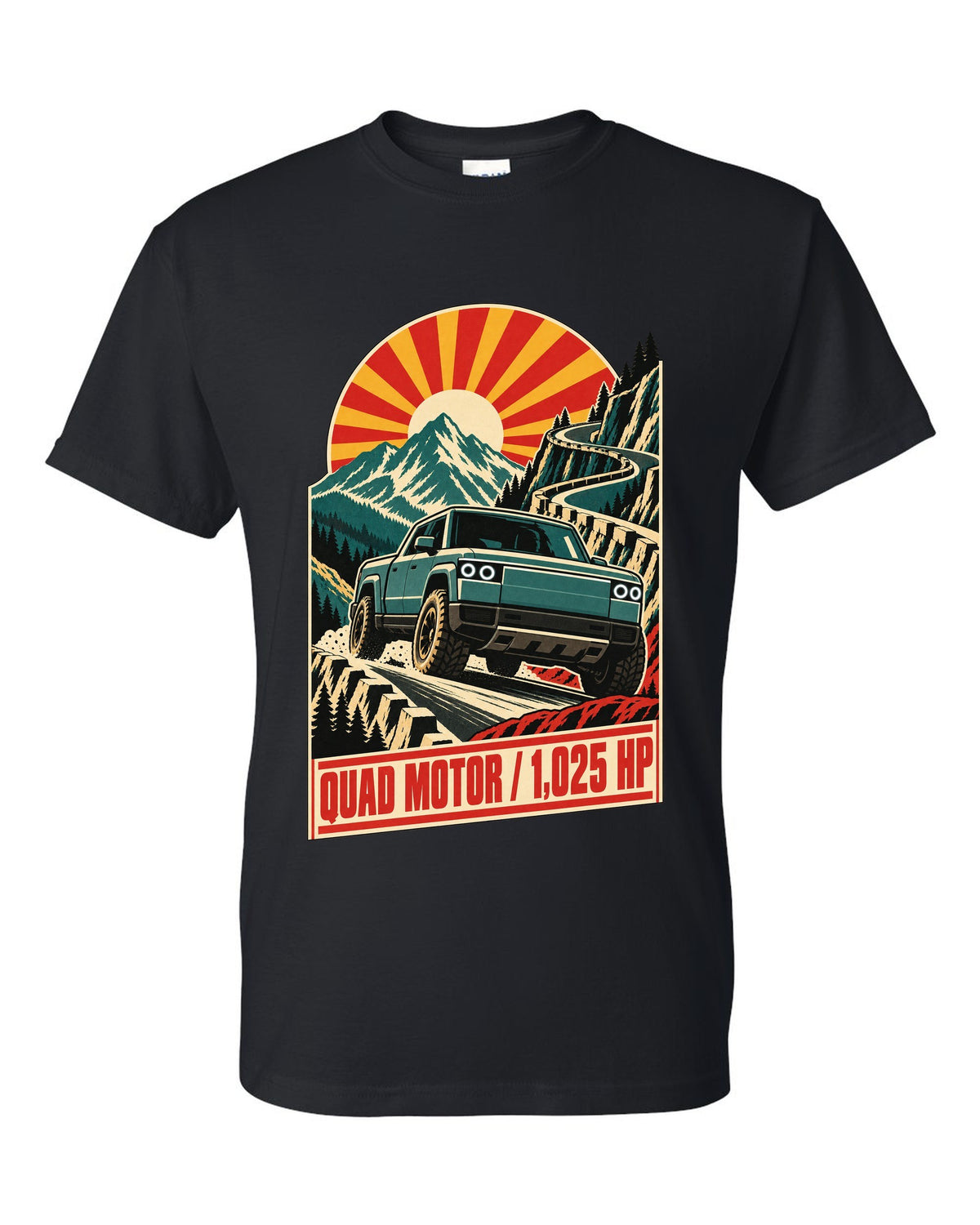 1960s lithographed vintage race poster print of a Rivian R1T reading Quad Motor 1,025 HP black t-shirt front view with the design