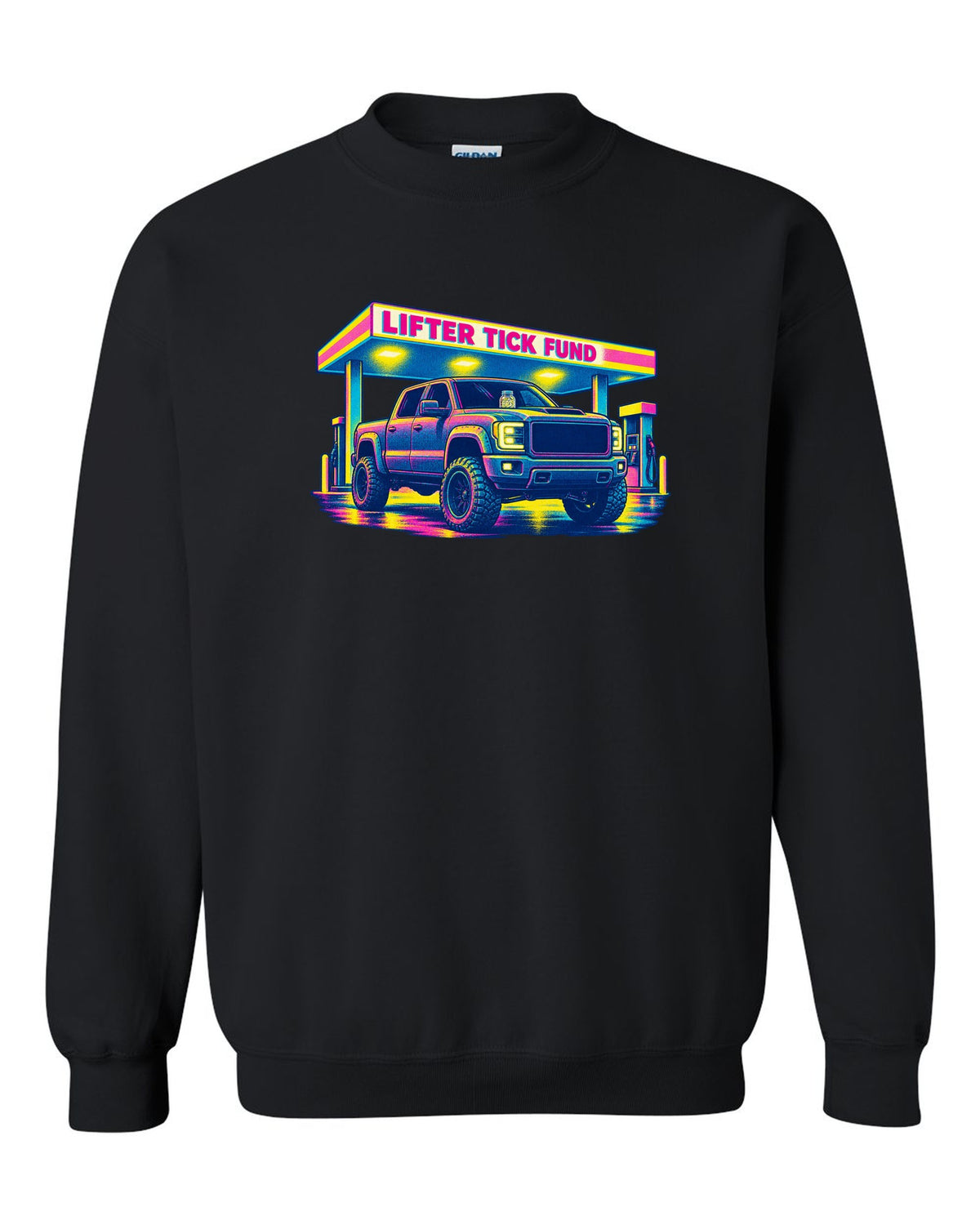 Risograph print of a 2007-2013 Chevrolet Silverado GMT900 with Lifter Tick Fund text black crewneck front view with the design