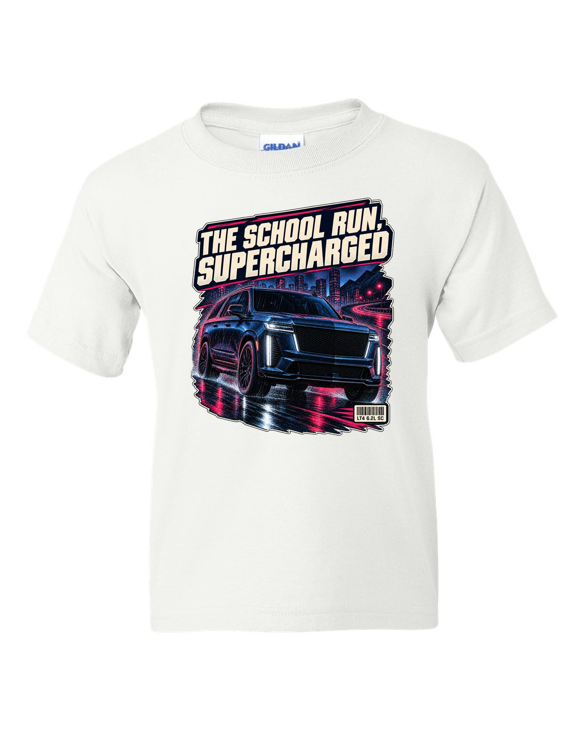 Night street print of a 2023-25 Cadillac Escalade-V white kids tee front view with the design