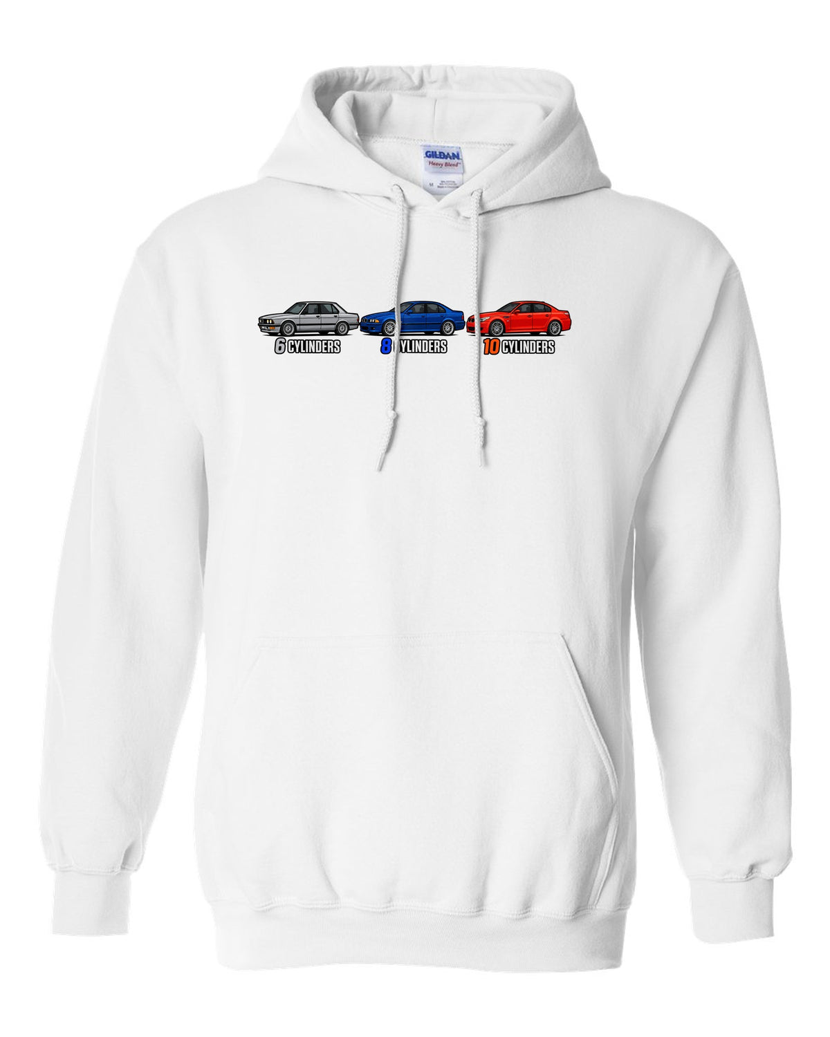 Generation lineup print of the BMW M5 E28, E39 and E60 with 6, 8 and 10 cylinders text white pull over hoodie front view with the design