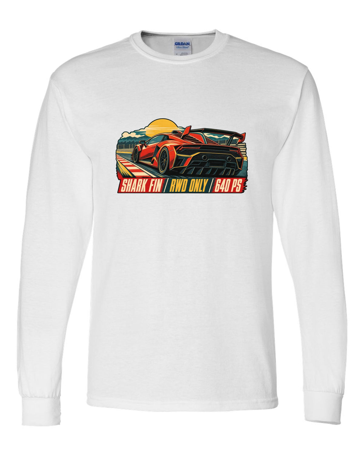 Vintage 1960s lithograph race poster of a Lamborghini Huracan STO LP640-2 with shark fin text white long sleeve front view with the design
