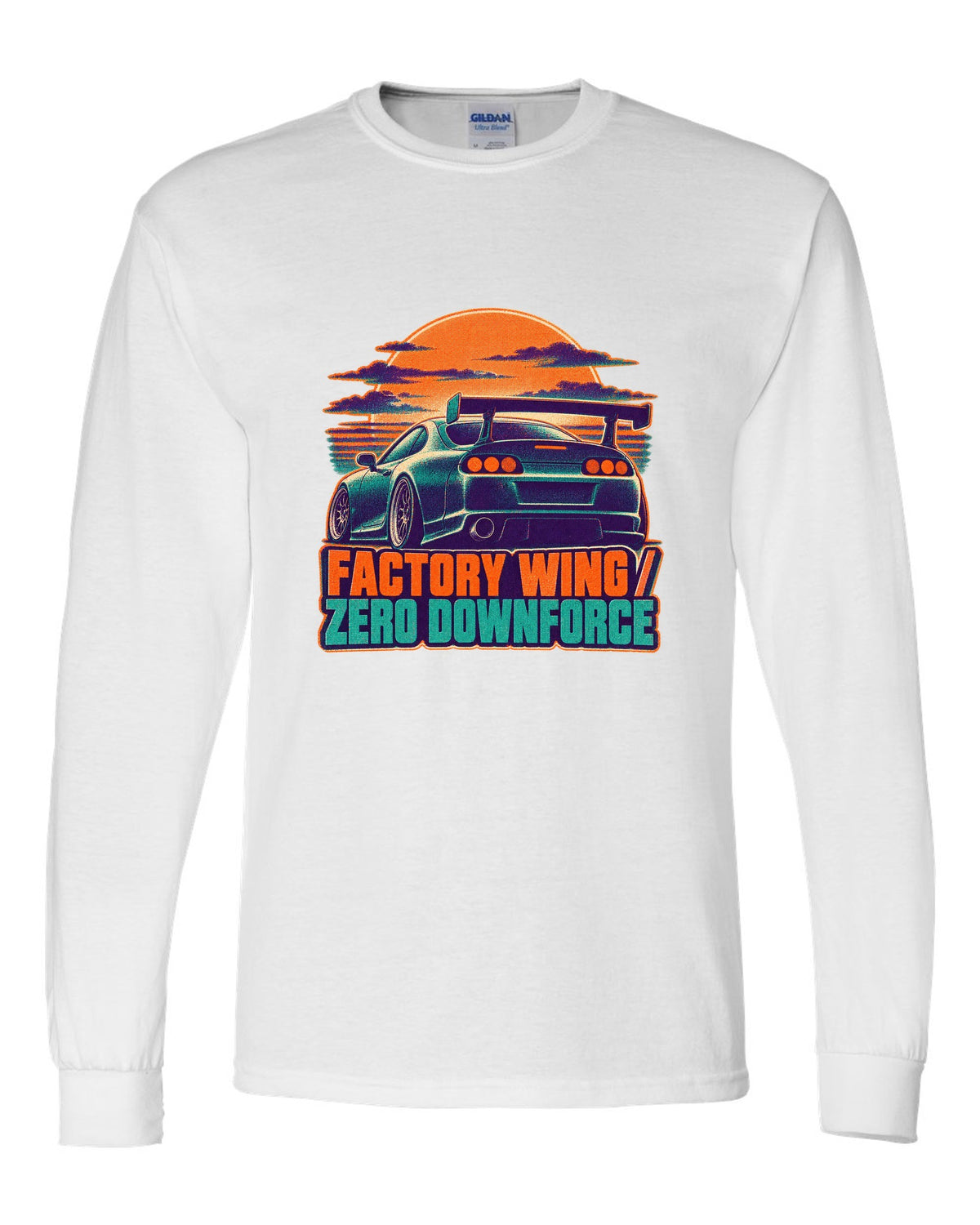 Risograph two-colour dusk print of a Toyota Supra A80 JZA80 with factory wing zero downforce text white long sleeve front view with the design