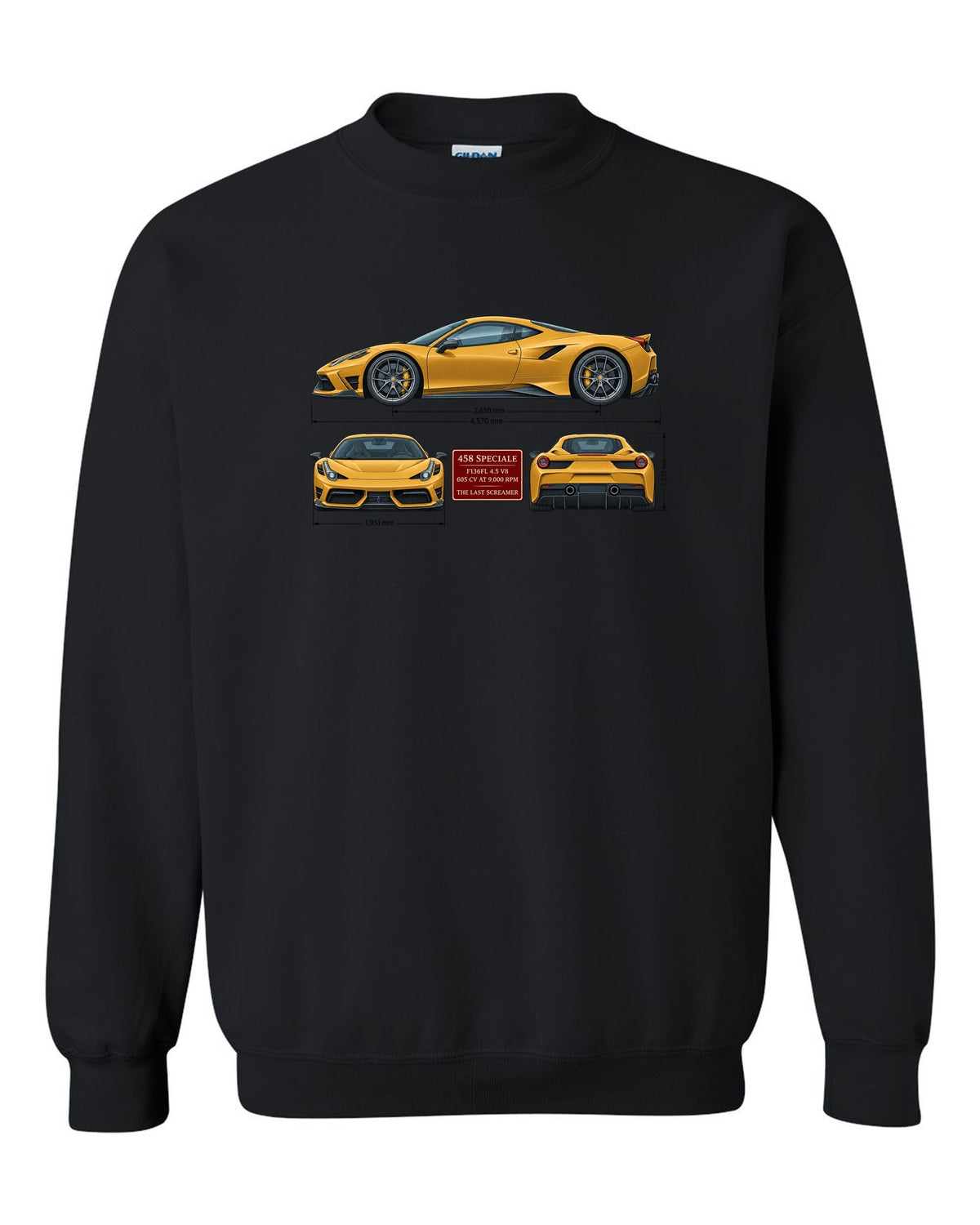 Three-view spec table print of the Ferrari 458 Speciale in ochre black crewneck front view with the design