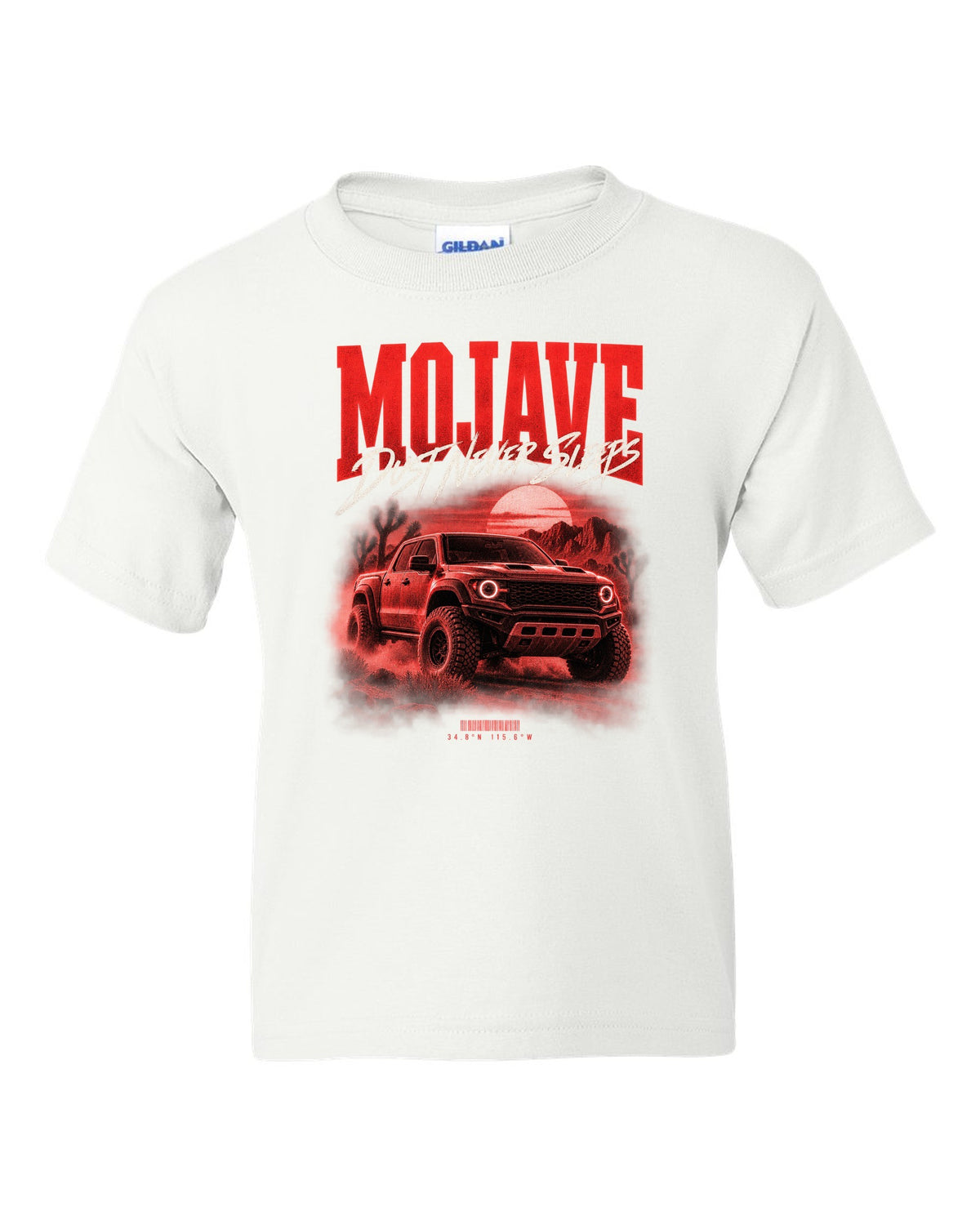 Jeep Gladiator JT Mojave street poster print with desert coordinates white kids tee front view with the design