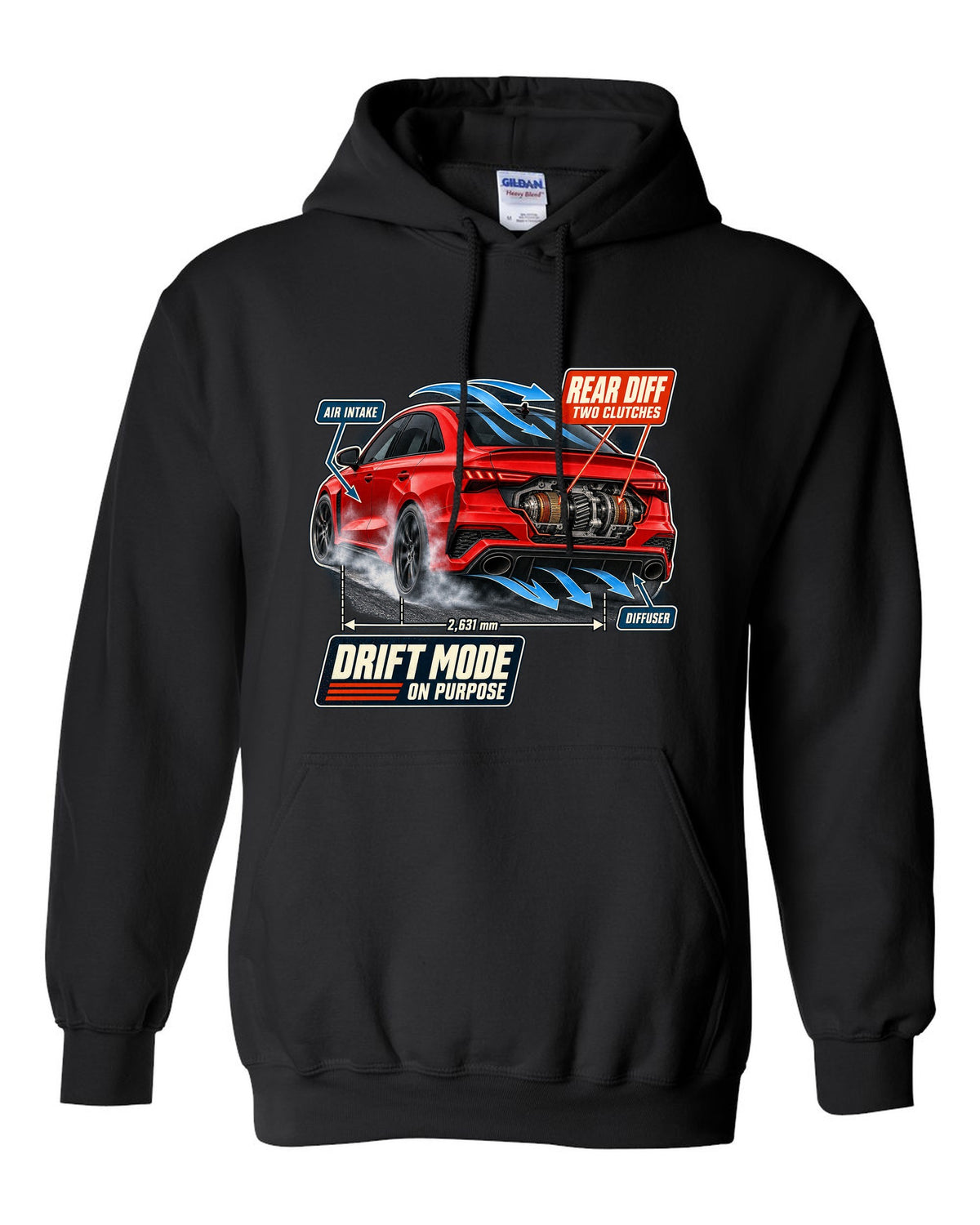 Cutaway callouts on an Audi RS3 8Y sedan showing rear diff and two clutches black pull over hoodie front view with the design