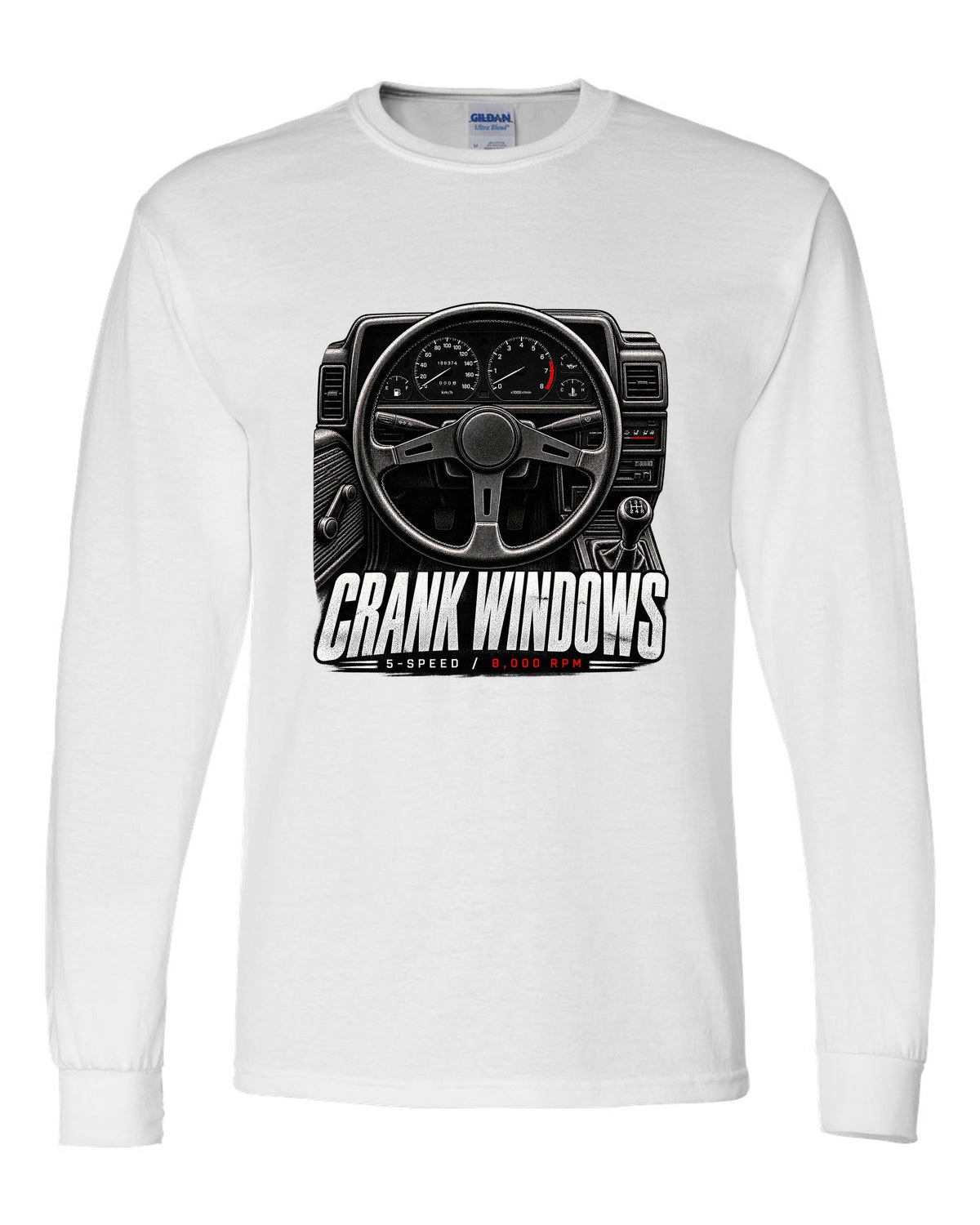 print of a Toyota AE86 interior cockpit with gauges and crank window lettering white long sleeve front view with the design