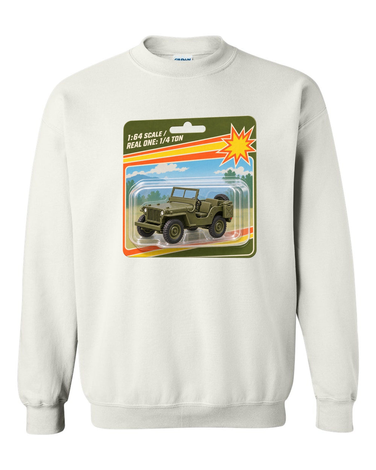 Toy blister card style print of a Willys MB with 1:64 scale text white crewneck front view with the design