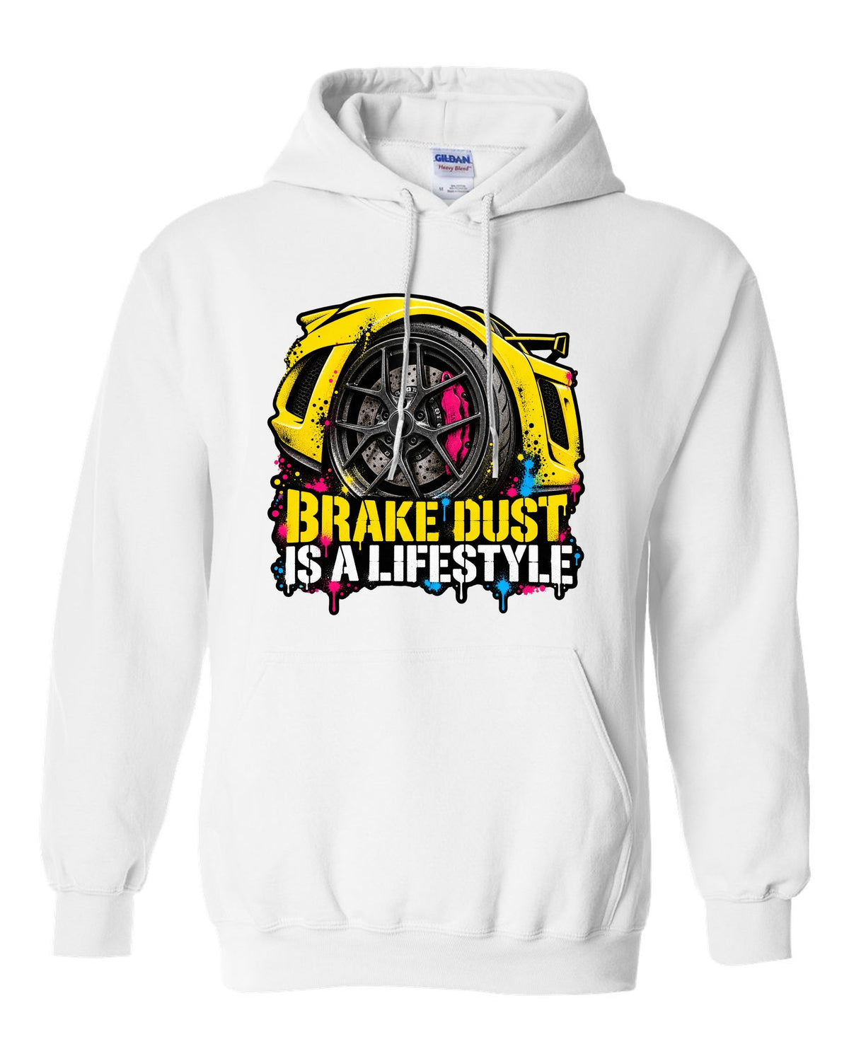 Lotus Exige stencil spray street art with BRAKE DUST IS A LIFESTYLE lettering white pull over hoodie front view with the design