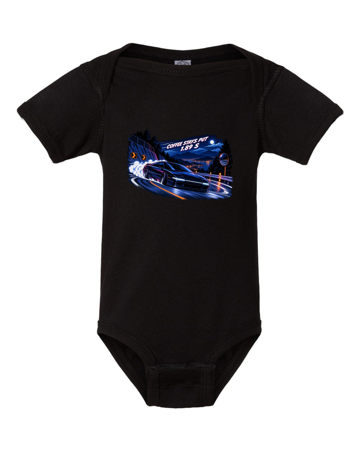 Lucid Air Sapphire cel-shaded 90s anime night touge print with the text coffee stays put 1.89 s black baby onesie front view with the design