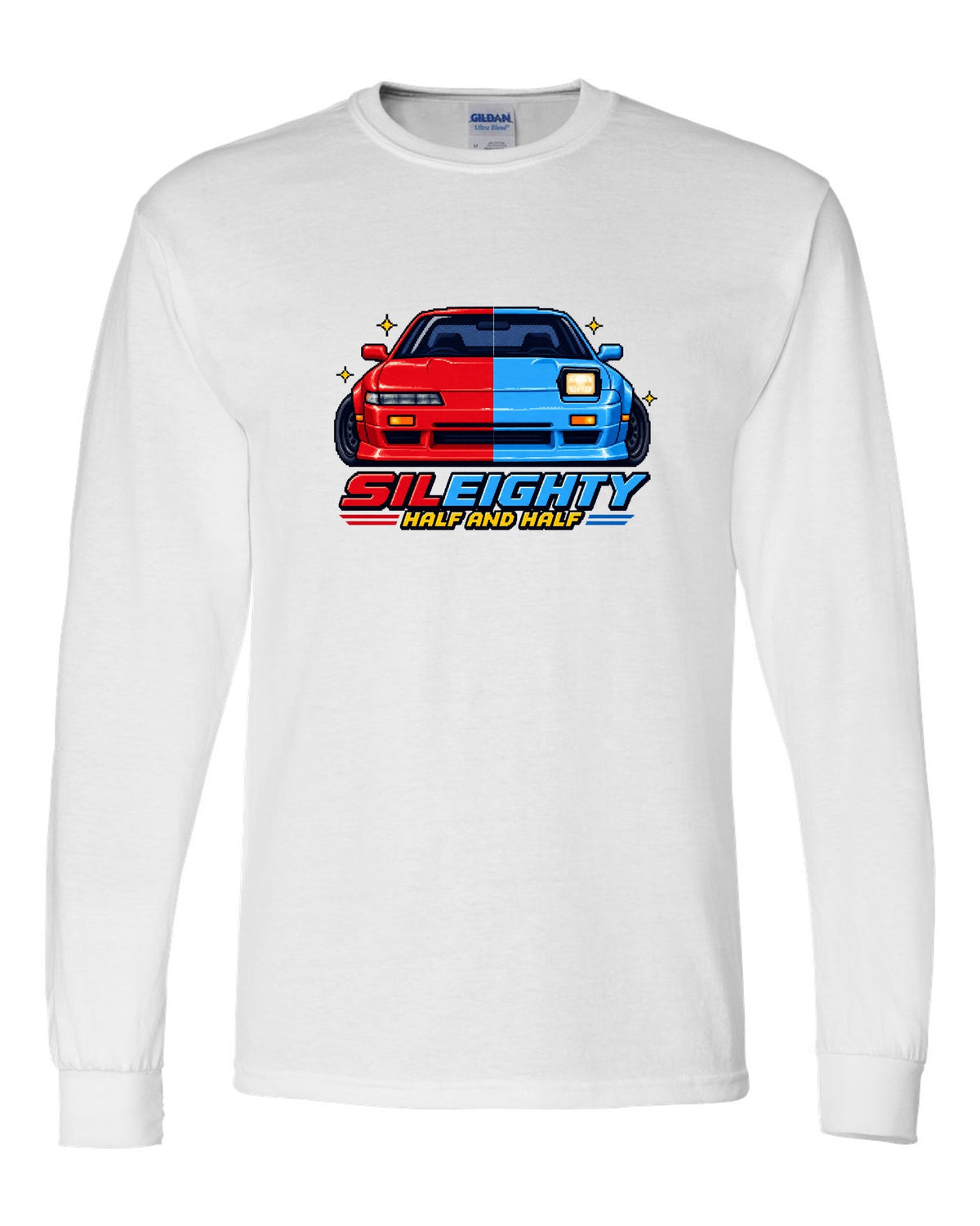 16-bit pixel art print of a Nissan Sileighty 180SX and Silvia S13 hybrid with Half and Half lettering white long sleeve front view with the design